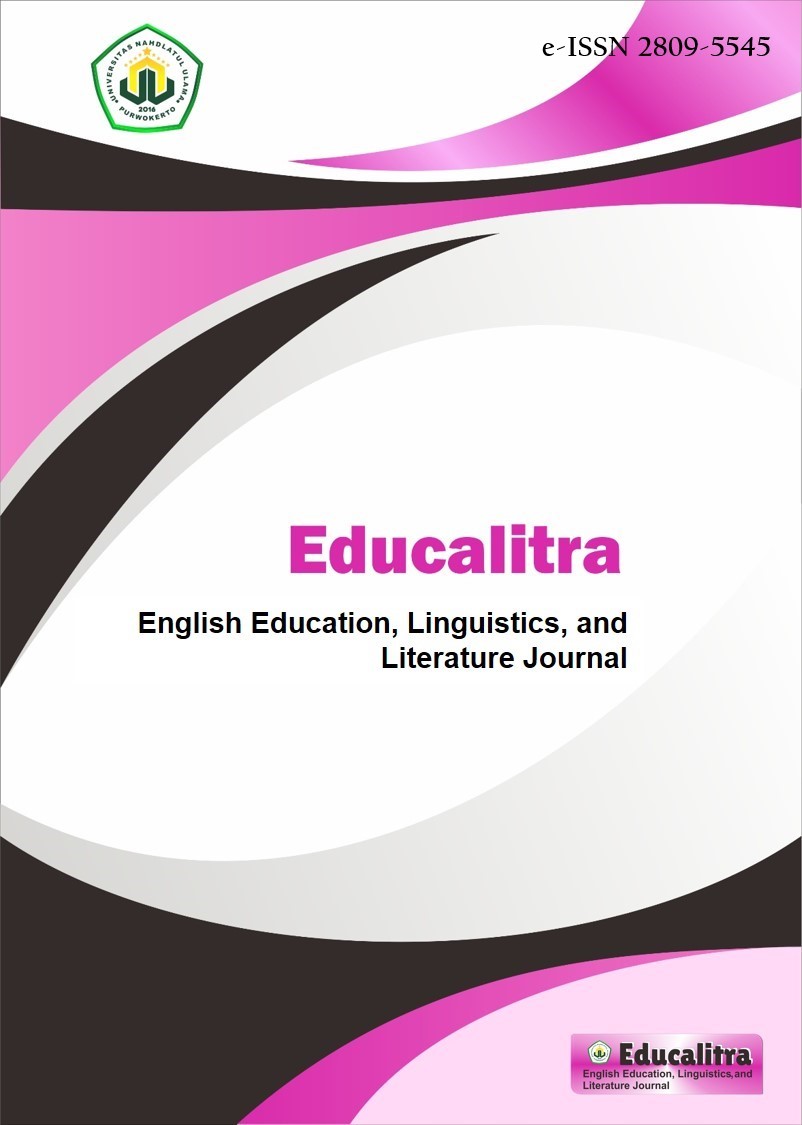 Educalitra: English Education, Linguistics, and Literature Journal is a double-blind peer-review journal, published biannually in the months of January and July. It presents articles around the area of English language teaching and learning, linguistics, literature, and culture. Contents include analysis, studies, applications of theories, research reports, and material development. ISSN 2809-5545